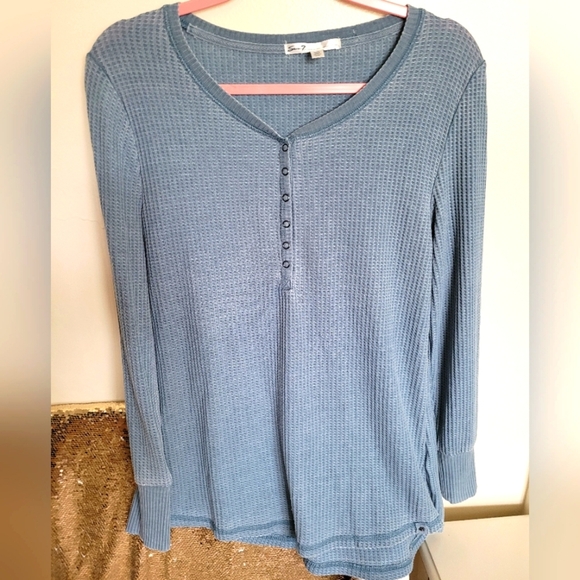 Seven7 Premium High Low Blue Gray Button Down Waffle Knit Henleys Size Large - Picture 3 of 16